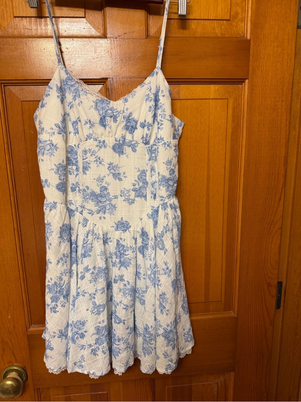 Floral Spaghetti-Strap Summer Dress in White and Blue